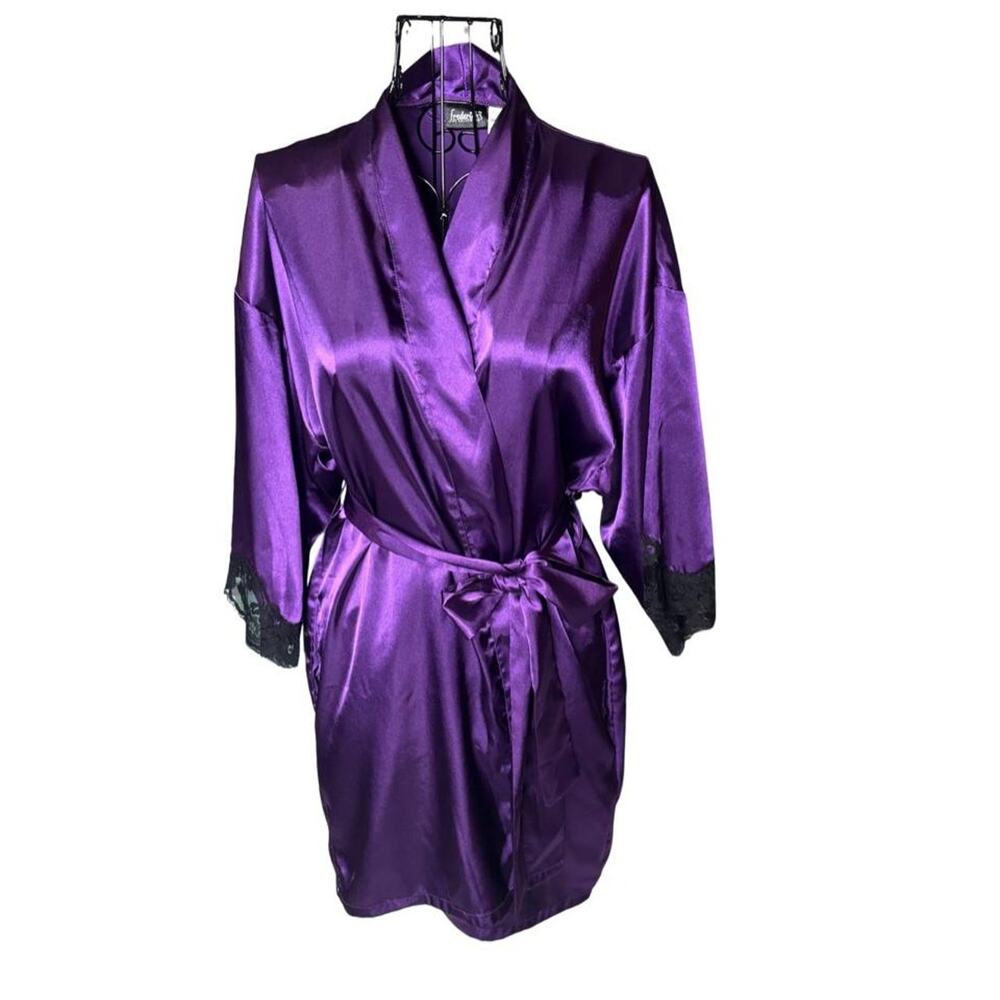 Fredericks of Hollywood Purple Satin Kimono Robe Lace Trim Small Vintage Style